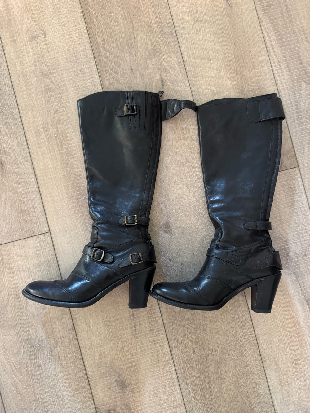 Belstaff Black Leather Knee-High Buckled Heeled Boots